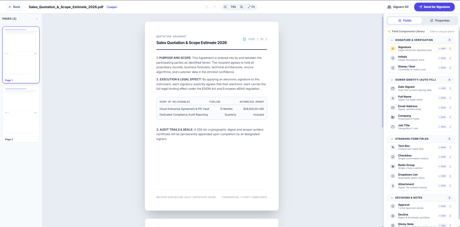 Meteor Sign document editor with page thumbnails, a sample quotation, and the signature and form-field library