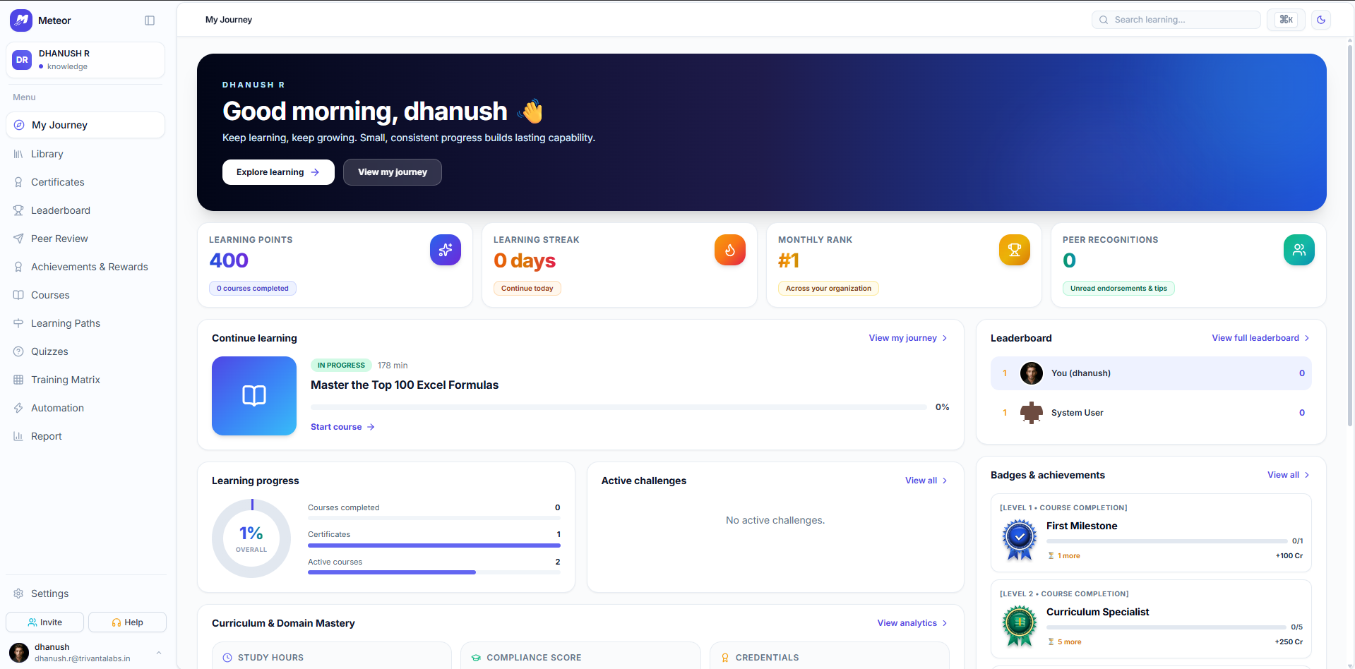 Meteor Learn professional LMS My Journey dashboard with a course in progress and learning progress panels