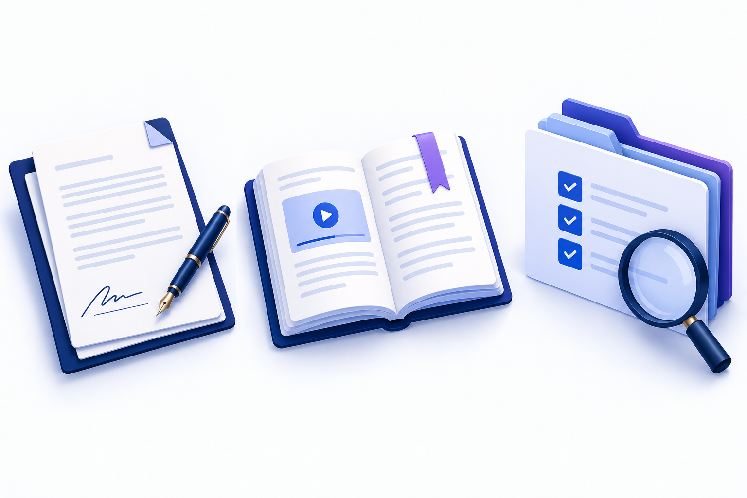 Illustration of a signing document, a learning workbook, and quality review records